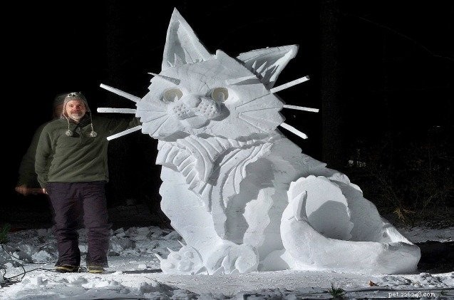 Eight-Foot Ice Cat Sculpture Brings Joy Amid Winter Storms