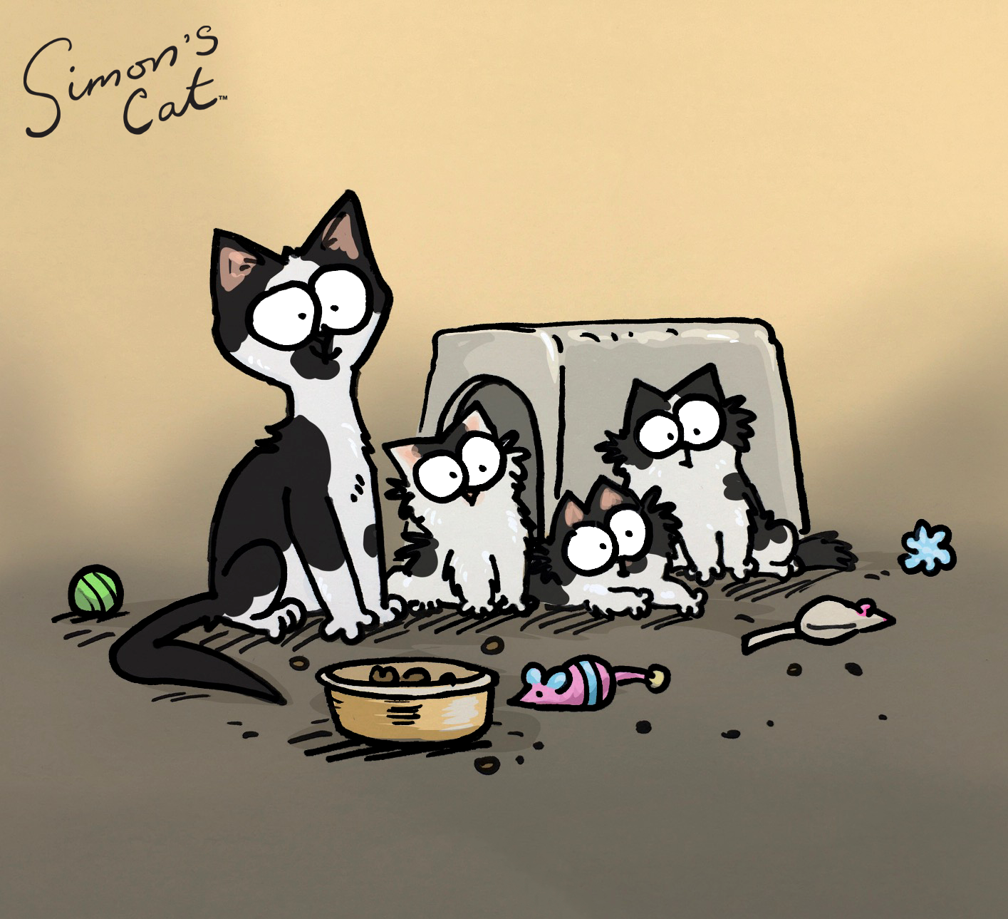 A gata patrocinadora Princess e seus gatinhos fofos foram desenhados pelo famoso ilustrador Simon Tofield