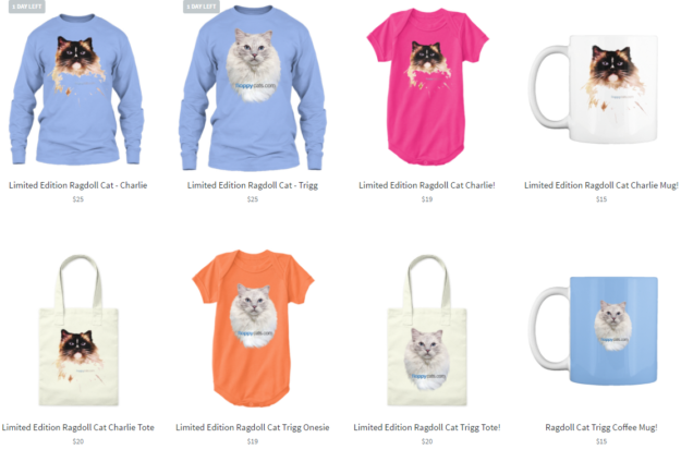 Kočičí trička, onesie, hrnky a tašky Ragdoll v obchodě Floppycats