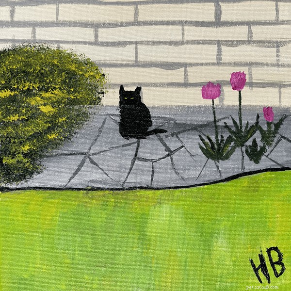 Feral Black Cat Folk Art with Flowers (inclui a história) 