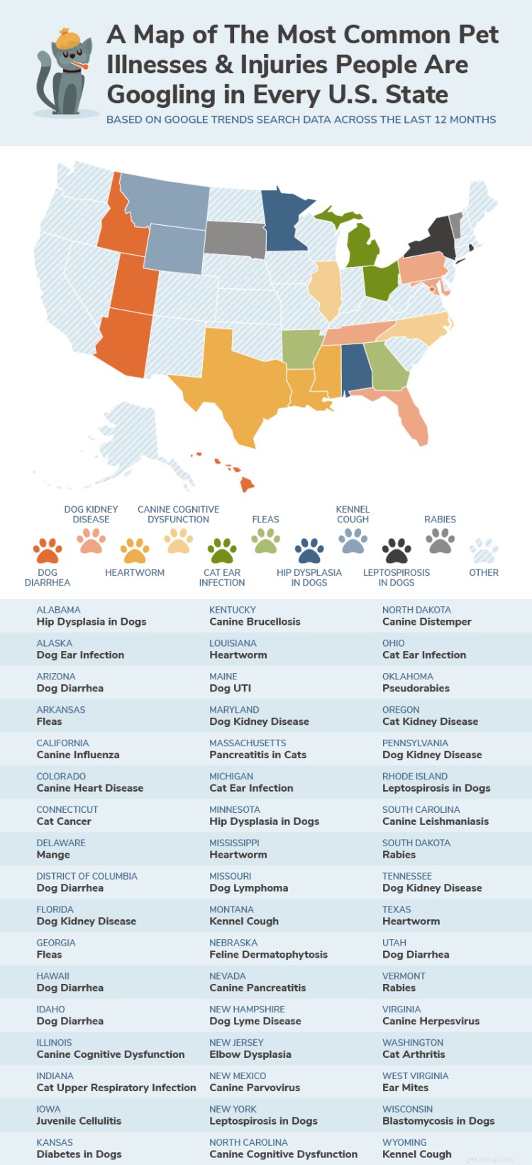 Nejčastěji hledané nemoci a zranění domácích mazlíčků v každém státě USA na základě trendů vyhledávání Google